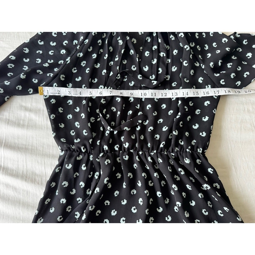 Loft Black Blue Printed Bow Tie Neck Puff Long Sleeve Fit & Flare Dress Sz 2 - Picture 5 of 9